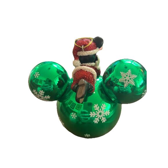 Disney Glitter Mickey Ears Icon Figurine On Ornament Green Snowflake - Picture 2 of 2